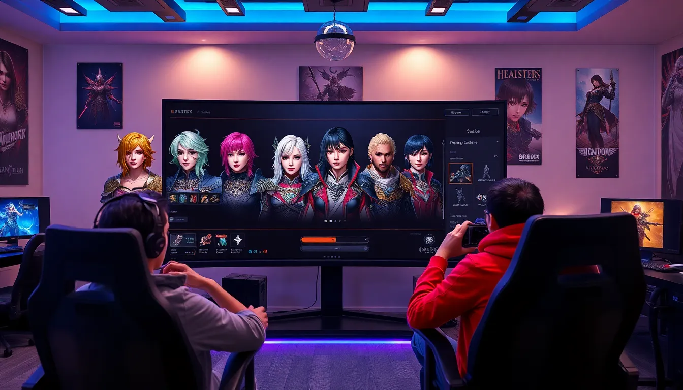 gamers customizing characters in a modern gaming lounge.